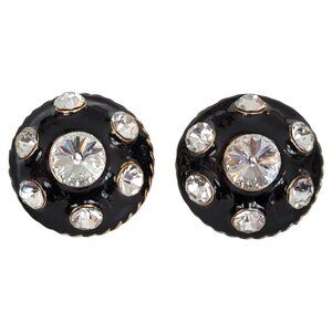 BJ Beatrix Black Enamel Clear Rhinestone Domed Clip On Earrings, Signed K574